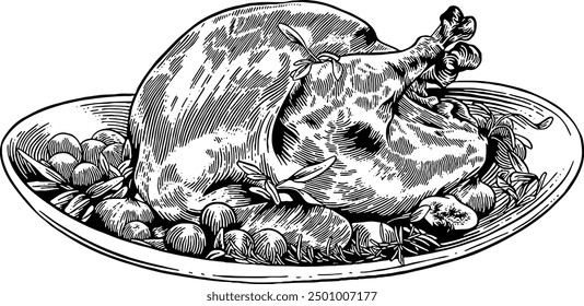 Hand drawn Roasted Turkey in a Plate Sketch Illustration