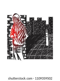 Hand drawn robbery, balckmail, assassin, robe dress, knife, ready to stike