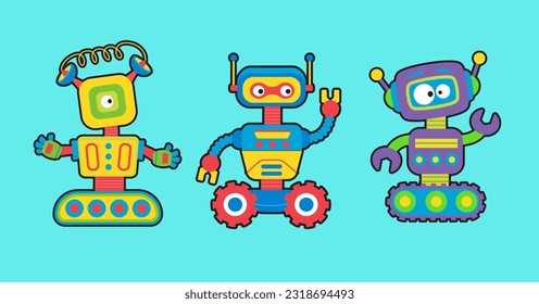 Carácter robot dibujado a mano con diferentes poses de colección, conjunto de iconos robot de dibujos animados.