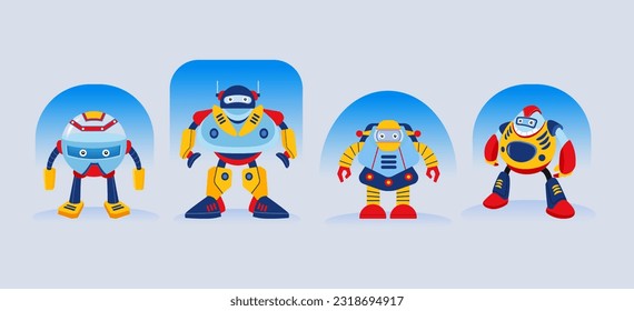 Hand drawn robot character with different poses collection, Cartoon robot icon set.