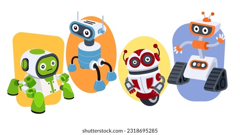 Hand drawn robot character with different poses collection, Cartoon robot icon set.