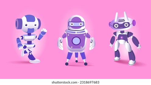 Hand drawn robot character with different poses collection, Cartoon robot icon set.