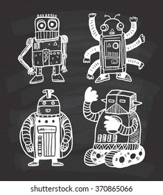 hand drawn robot doodle on chalkboard background