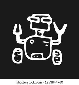 Hand drawn robot doodle. Sketch children's toy icon. Decoration element. Isolated on black background. Vector illustration.
