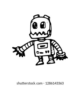 Hand Drawn robot doodle. Sketch style icon. Decoration element. Isolated on white background. Flat design. Vector illustration.