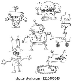 Hand drawn robot doodles isolated