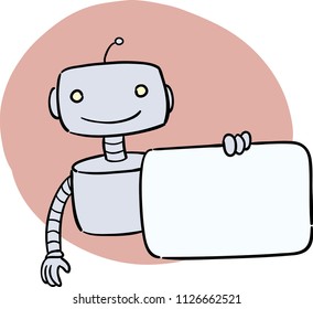 Hand drawn robot holding empty sign. Cute simple robot android holding blank panel