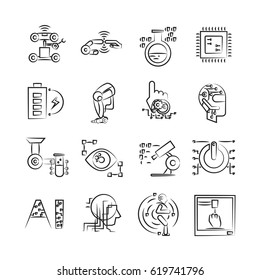 hand drawn robotics and artificial intelligence icon set