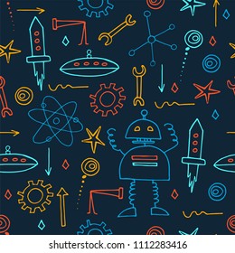 Hand drawn robots seamless pattern. School board background. Doodle vector.