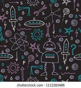 Hand drawn robots seamless pattern. School board background. Doodle vector.