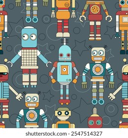 Hand drawn robots. Vector seamless pattern in vintage style. Children's illustration.