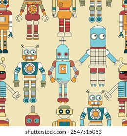 Hand drawn robots. Vector seamless pattern in vintage style. Children's illustration.