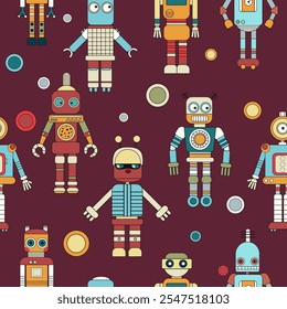 Hand drawn robots. Vector seamless pattern in vintage style. Children's illustration.