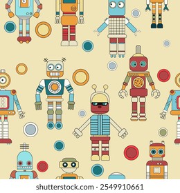 Hand drawn robots. Vector seamless pattern in vintage style. Children's illustration.