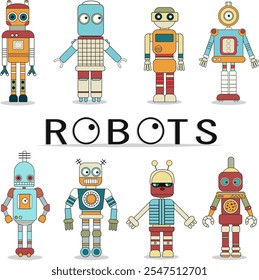 Hand drawn robots. Vector set of hand drawn robots in vintage style. Children's illustration.