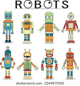 Hand drawn robots. Vector set of hand drawn robots in vintage style. Children's illustration.