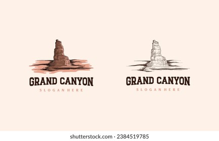 Hand Drawn Rock Cliff Logo Design Vector, Canyon vintage logo template