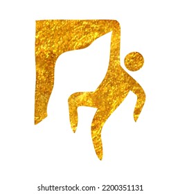 Hand drawn Rock climbing icon in gold foil texture vector illustration