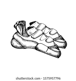 Hand drawn rock climbing shoes. Sketch illustration on white background.