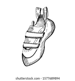Hand drawn rock climbing shoes. Sketch illustration on white background.