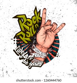 Hand drawn Rock festival poster. Rock and Roll sign. Template for card, poster, banner, print for t-shirt, pin, badge, patch
