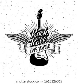 Hand drawn Rock festival poster. Rock and Roll Lettering with guitar, wings and ribbon live music . Slogan graphic for t shirt or tattoo. Vector illustration