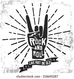 Hand Drawn Rock Festival Poster. Rock And Roll Hand Sign