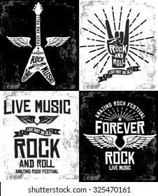 Hand drawn Rock festival poster  Rock   Roll hand sign set