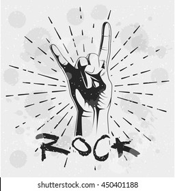 Hand drawn Rock festival poster. Rock and Roll hand sign. Vector illustration.