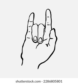 Hand drawn hand in rock gesture. Flash tattoo, blackwork, sticker, patch or print design
Vector illustration in outline style isolated on white background.