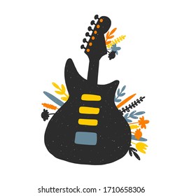 Hand drawn rock guitar silhouette with flowers. Music concert vector banner template. Cultural entertainment. Musical instrument with notes. Shop, store poster design idea