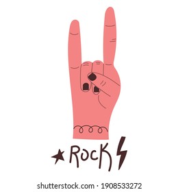 Señal de mano de Rock o Heavy Metal, dos dedos hacia arriba. Ilustración plana.