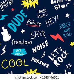 Hand drawn rock n roll elements. Rock star about doodle illustration. Vector illustration. Hand drawing slogans and icons vector.