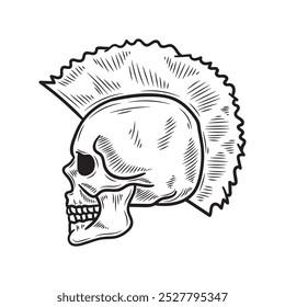 Desenhado à Mão Rock n Roll Ilustração Incolor - Skull Punk