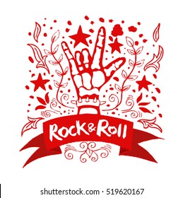 Hand drawn Rock  poster. Rock and Roll hand sign