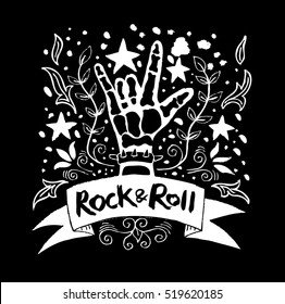 Hand drawn Rock  poster. Rock and Roll hand sign
