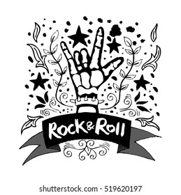 Hand drawn Rock  poster. Rock and Roll hand sign