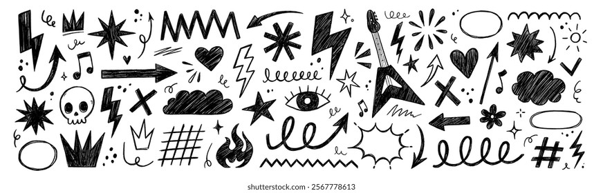 Hand drawn rock punk music star grunge tattoo doodle icon element set. Crayon brush stroke hand drawn sketch style doodle rock punk lightning tattoo. Crayon scribble music star vector illustration.