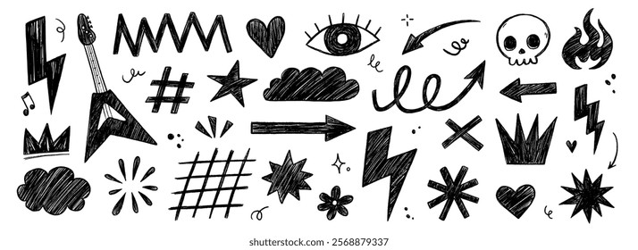 Hand drawn rock punk music star grunge heart doodle icon element set. Crayon brush stroke hand drawn line sketch style doodle rock punk star, heart shape. Crayon scribble music vector illustration