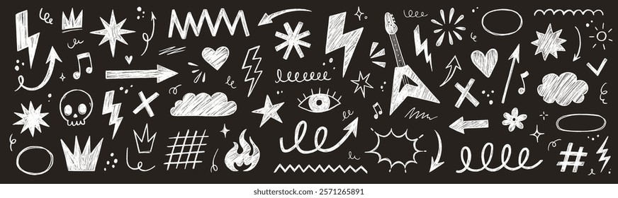 Hand drawn rock punk music star grunge tattoo doodle icon element set. Crayon brush stroke hand drawn sketch style doodle rock punk lightning tattoo. Crayon scribble music star vector illustration.