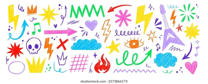 Hand drawn rock punk music star grunge tattoo doodle icon element set. Crayon brush stroke hand drawn sketch style doodle rock punk lightning tattoo. Crayon scribble music star vector illustration.