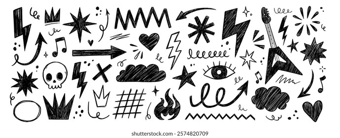 Hand drawn rock punk music star grunge heart doodle icon element set. Crayon brush stroke hand drawn line sketch style doodle rock punk star, heart shape. Crayon scribble music vector illustration
