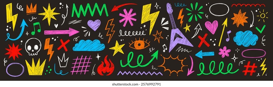 Hand drawn rock punk music star grunge heart doodle icon element set. Crayon brush stroke hand drawn line sketch style doodle rock punk star, heart shape. Crayon scribble music vector illustration