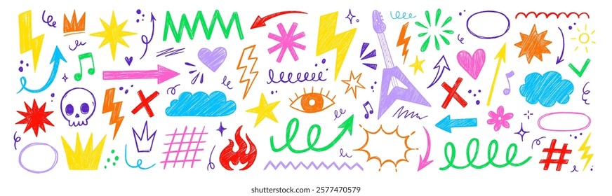 Hand drawn rock punk music star grunge heart doodle icon element set. Crayon brush stroke hand drawn line sketch style doodle rock punk star, heart shape. Crayon scribble music vector illustration