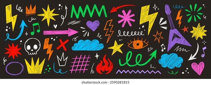 Hand drawn rock punk music star grunge heart doodle icon element set. Crayon brush stroke hand drawn line sketch style doodle rock punk star, heart shape. Crayon scribble music vector illustration