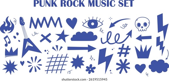 Hand drawn rock punk music star grunge heart doodle icon element set. Blue hand drawn line sketch style doodle rock punk star, heart shape. Crayon scribble music vector illustration