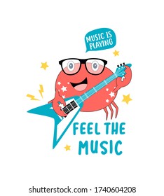 Hand drawn rock and roll elements and and crab with slogans.  Vector illustration. 