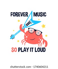 Hand drawn to rock and roll elements and crab with slogans.  Vector illustration. 