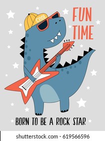 Hand drawn rock and roll elements and dinosaur with slogan. Vector illustration.