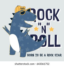 Hand drawn rock and roll elements and and dinosaur with slogans. Vector illustration.	